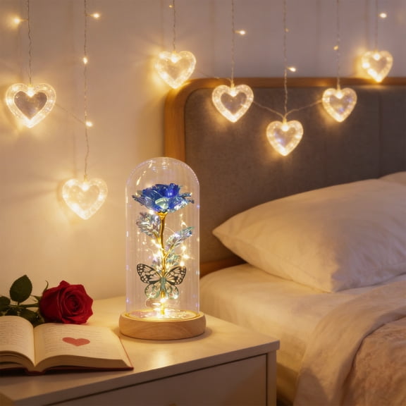 Fmbmuo Night Light Blue Soft Lighting Rose and Butterfly Valentine's Decorative Lights, Plastic Glam Pearlescent Table Lamp Gift for Wife/Husband