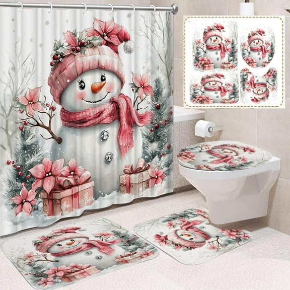 Fmbmuo Nylon,Spandex Christmas Shower Curtains Red Waterproof Decorations, Farmhouse Snowmen Shower Curtain Sets 4Pcs