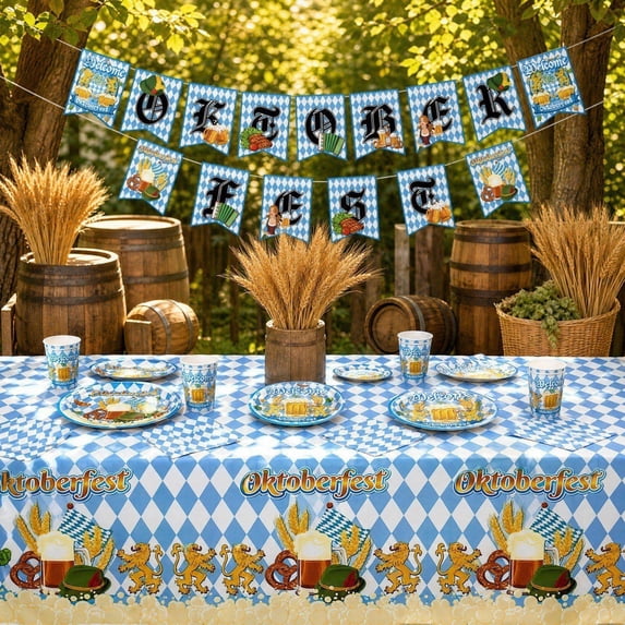 Fmbmuo Oktoberfest Themed Checkered Party Decorations Hanging Banners And Disposable Tableware Set