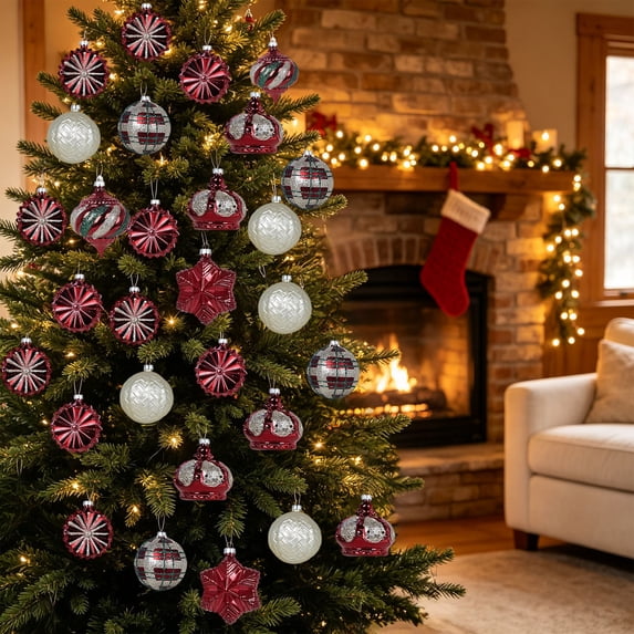 Fmbmuo Painted Odd Shaped Balls Luxury Style Creative Christmas Tree Ornaments Gift Set 24pc Assorted Shapes Christmas Decor,Red
