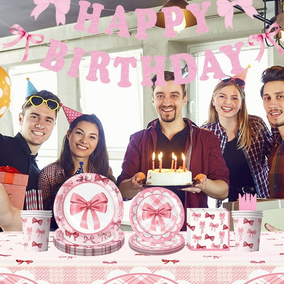 Fmbmuo Paper Birthday Party Cutlery Set Disposable Party Decorations, Romantic Bow Theme Thickened Pink Dinnerware Sets for Birthday Party