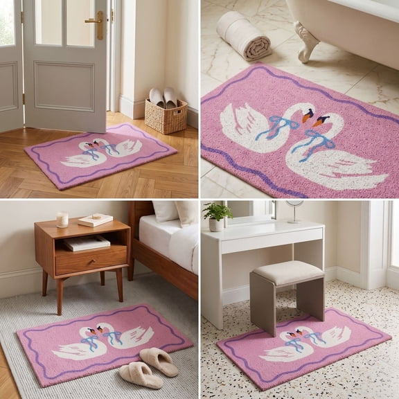 Fmbmuo Pink Swan Scalloped Bath Mat, Low-Profile Decorative Bathroom Rugs, Non Slip Floor Mat for Bedroom Bathroom Indoor Home Decor 19"X27"