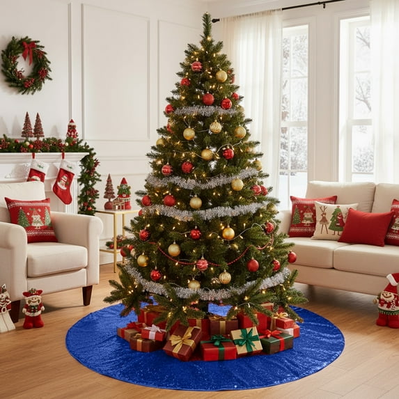 Fmbmuo Plain Color Christmas Tree Skirt 21 Inch Blue Christmas Decorations, Nylon,Spandex Fray-Resistant Modern Vintage Tree Skirt for Festive Family Gatherings