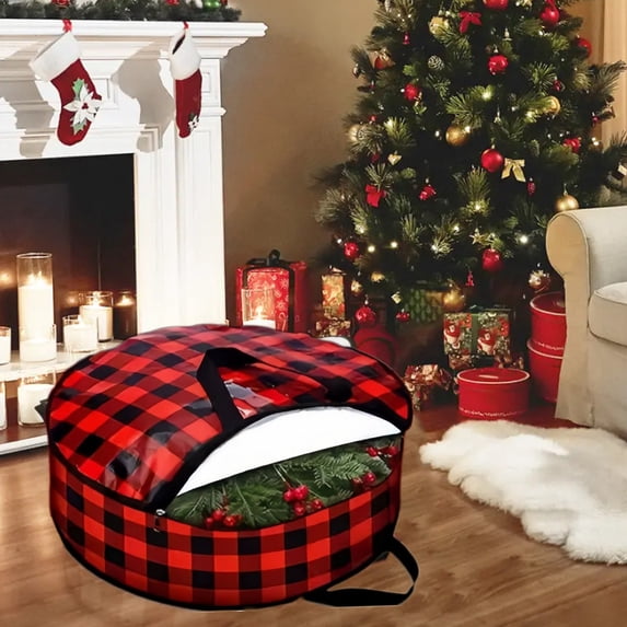 Fmbmuo Plastic Wreath Storage Bag Carrying Handles 2 Ft Red Storage Bags, Checkered Reinforced Modern Wreath Storage
