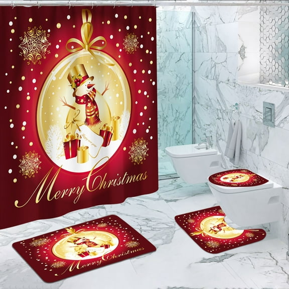 Fmbmuo Polyester Christmas Shower Curtains Waterproof Red Decorations, Prints Art Deco Shower Curtain Sets 4Pcs