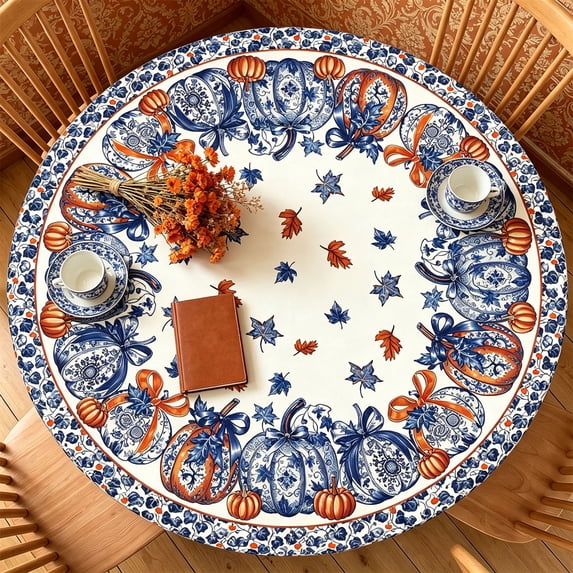 Fmbmuo Pumpkin Thanksgiving Round Table Cloth , Fall Harvests Maple Leaf Table Cover , for Thanksgiving Party Dinner Table Decoration
