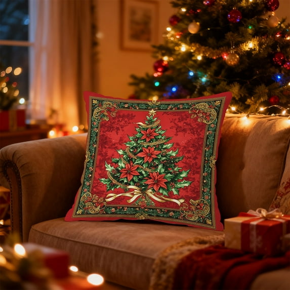 Fmbmuo Red Vintage Christmas Pillow Covers Soft Xmas Tree Print 18x18 Inch Decorations, 1 Pcs Removable Cover Nylon,Spandex Farmhouse Pillow cases, for Christmas Holiday Decor