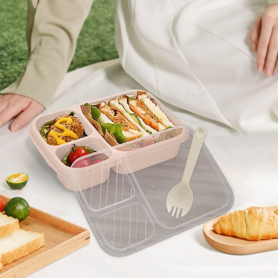 Fmbmuo Reusable Lunch Box for Women Plastic Beige Stackable Bento Box, Leakproof 3-Compartment Food/Fruit Storage Containers Freezer, Oven Safe
