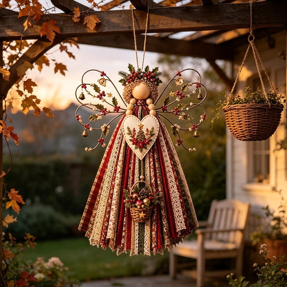 Fmbmuo Rustic Angel Wall Hanging Sewing Kit, Diy Christmas Farmhouse Patchwork Craft with Twig Accents & Jute Cord, Holiday Primitive Decor for Adults