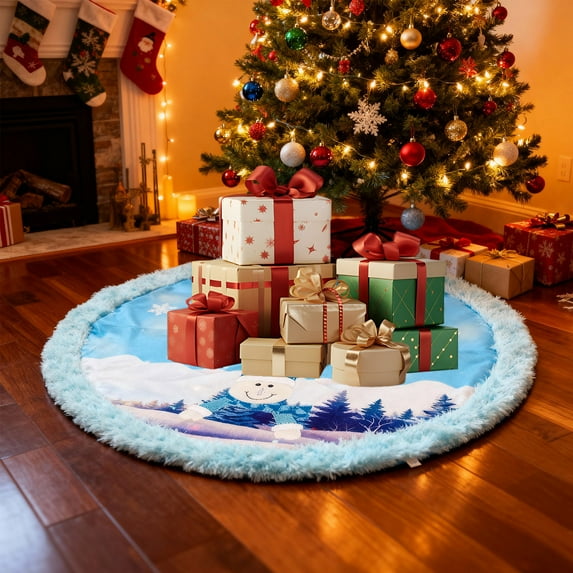 Fmbmuo Santa Claus and Snowman Christmas Tree Skirt Blue 43 Inch Christmas Decorations, Modern 100%Polyester Fray-Resistant Vintage Tree Skirt and Complete Your Holiday Decor