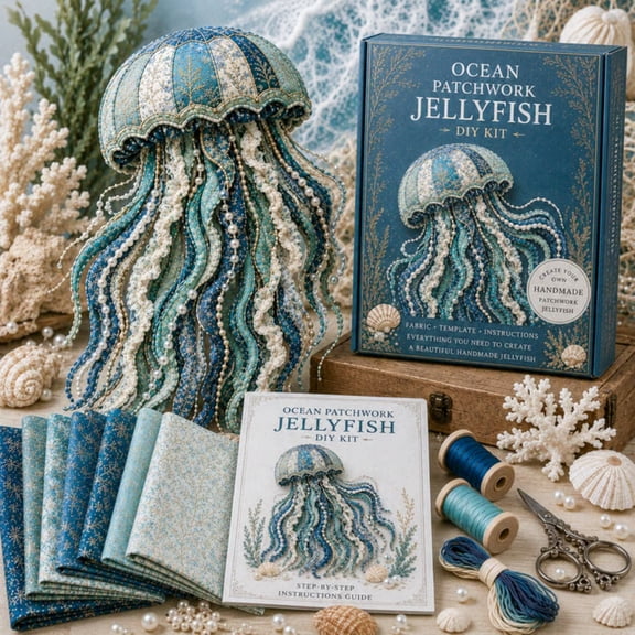 Fmbmuo Sea Patchwork Jellyfish Sewing Kit for Beginners, Diy Quilted Craft Set, Coastal Home Decor Gift for Adults