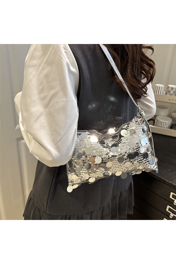 Sequin Shoulder Bags Bead Zipper Medium Bags for Women, Cocktail Shoulder Strap Nylon Valentine's and Birthday Gift Silver