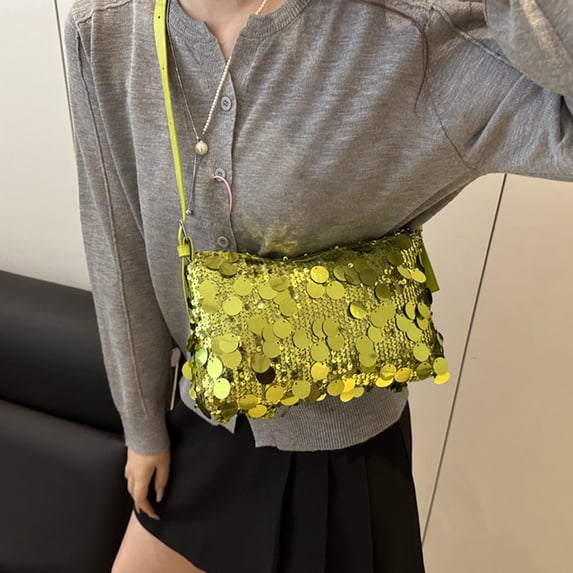 Fmbmuo Sequin Shoulder Bags Medium Zipper Bead Bags for Women, Cocktail Nylon Shoulder Strap Valentine's and Birthday Gift Green