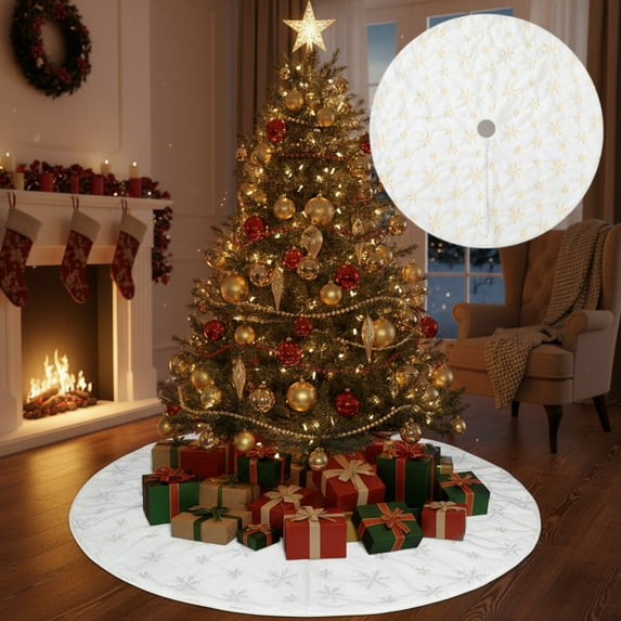 Fmbmuo Silver Christmas Tree Skirt 35 Inch Snowflake Christmas Decorations, Nylon,Spandex Cozy Farmhouse Vintage Tree Skirt for Merry Christmas Party