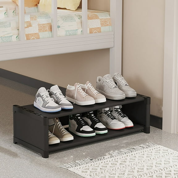 Fmbmuo Small Shoe Rack 2 Tier Non-Woven Fabric Freestanding Organizer, Entryway and Closet Space Saving Storage Stackable Minimalist Shoe Rack (Black)