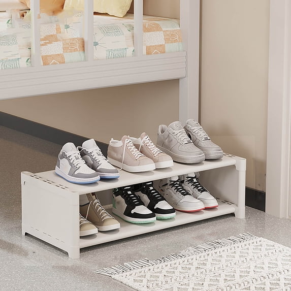 Fmbmuo Small Shoe Rack Freestanding Non-Woven Fabric 2 Tier Organizer, Stackable Minimalist Entryway and Closet Space Saving Storage Shoe Rack (White)