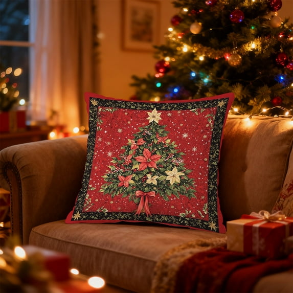 Fmbmuo Soft Vintage Christmas Pillow Covers Red 18x18 Inch Xmas Tree Print Decorations, 1 Pcs Removable Cover Farmhouse Nylon,Spandex Pillow cases, for Christmas Holiday Decor