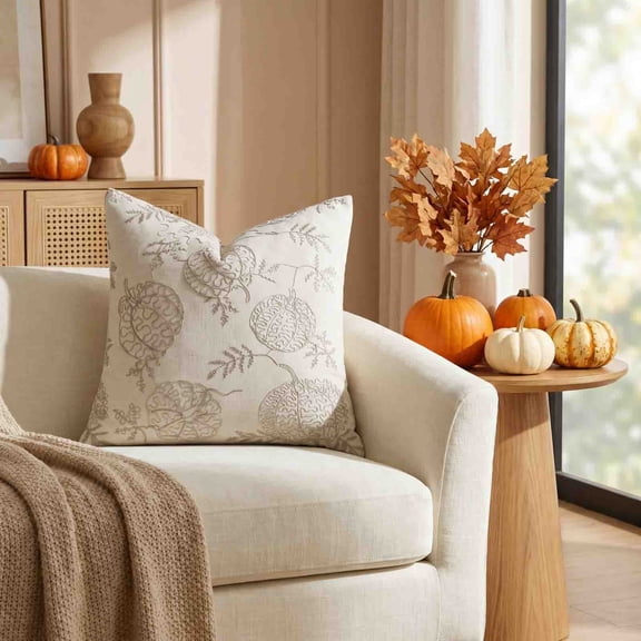 Fmbmuo Square Pillow Covers 18x18 Inch Halloween, Embroidered Pumpkin Farmhouse Linen, Holiday Cushion for Sofa Bedroom