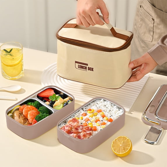 Fmbmuo Stainless Steel Lunch Box Stackable Reusable Brown Bento Box, 2-Tier with Hands Airtight Food/Fruit Storage Containers for Picnic and Travel