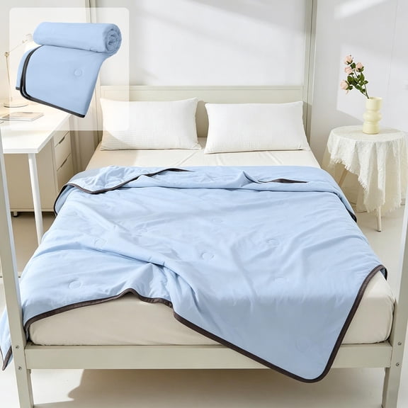 Fmbmuo Summer Cooling Quilt Circle Print Black Edge Lightweight Breathable Air Conditioner Blanket Machine Washable Small Twin Size (Blue)