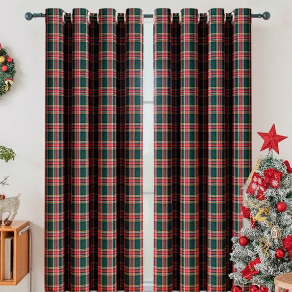 Fmbmuo Thermal Insulation Christmas Curtains Plaid Blackout Green Decorations, Machine Washable 1 pcs Tab Traditional Window Curtains, Bedroom/Living Room,72 Inch