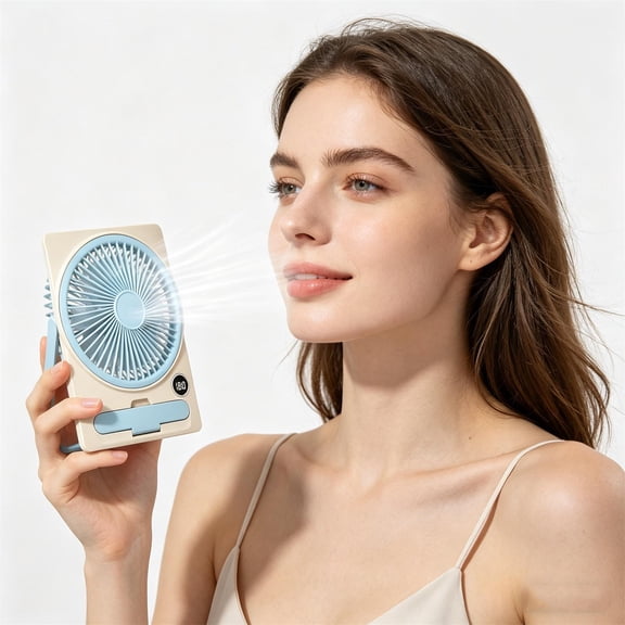 Fmbmuo Thin Mini USB Rechargeable Card Fan with Phone Stand LCD Display 6 modes Strong Wind Portable Desk Fan for Office Travel