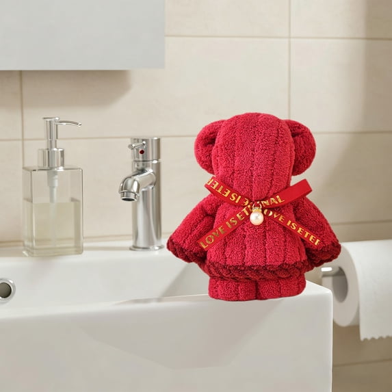 Fmbmuo Valentine's Day Bear Small Bath Towels Red Absorbent Polyester Washcloths, for Adult Men Women 3.5 x 5.1 inch Thick Soft Towels 1 Pcs