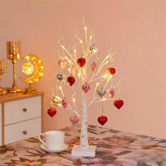 Fmbmuo Valentines Day Decorations - 24in Lighted Tree with 18 Heart Ornaments,USB/Battery Operated Valentine's Decor Tree for Romantic Home Decorations