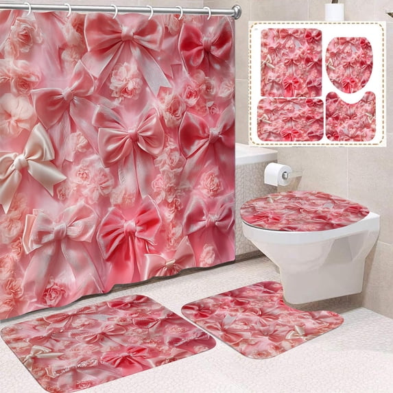 Fmbmuo Valentines Shower Curtain Sets 72" x 72" Fabric 4 Piece Heart Bow Bath Curtain with Hooks Rugs U-Shape Mat Toilet Lid Cover Mildew Resistant Abstract Bathtub Cortinas for Bathroom Decor