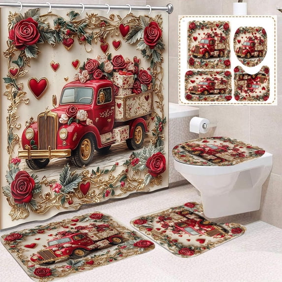 Fmbmuo Valentines Shower Curtain Sets 72" x 72" Fabric 4 Piece Heart Bow Bath Curtain with Hooks Rugs U-Shape Mat Toilet Lid Cover Mildew Resistant Abstract Bathtub Cortinas for Bathroom Decor