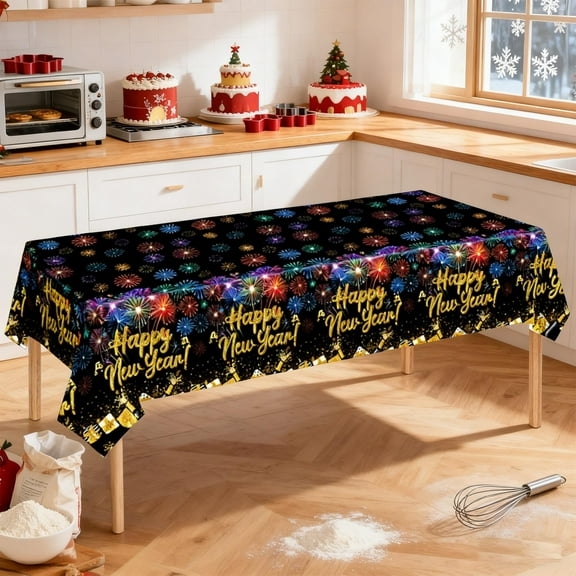 Fmbmuo Velvet Tablecloth Waterproof 108*54 Inch "Happy New Year" Black Table Decorations, Washable Plastic Art Deco Table Runner Kitchen Table / Dining Table