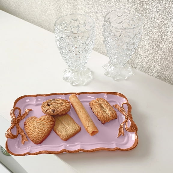 Fmbmuo Vintage Bow Tray - Decorative Resin Serving Tray for Coffee Table, Dresser, and Entryway (7-Inch Rectangle, Purple, Home Clutter Organizer)