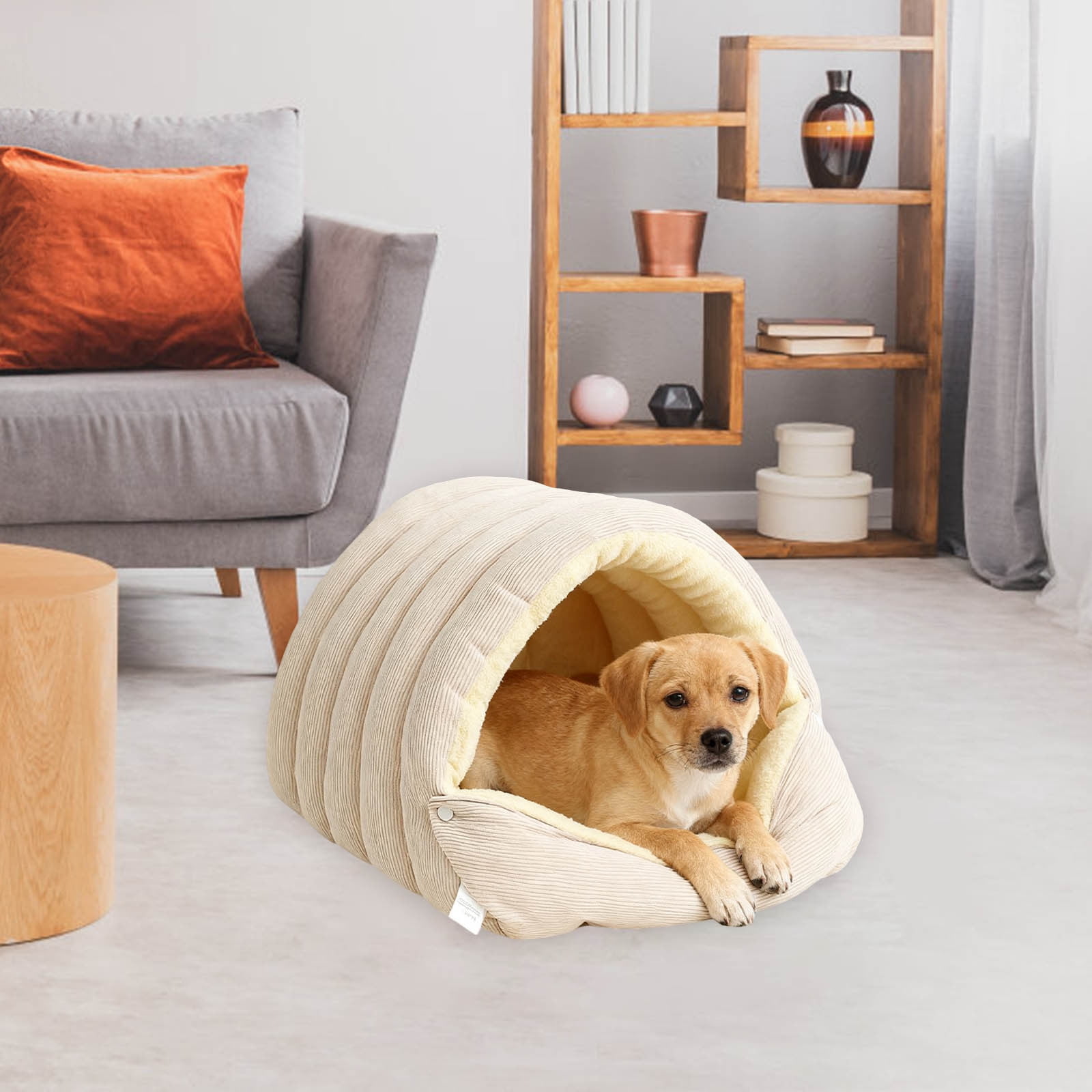 Fmbmuo Warm Covered Cat Dog Bed Soft & Comfortable Medium Calming Dog Beds, Round Washable Cozy Sleeping Pad Indoor Outdoor Use (Beige)