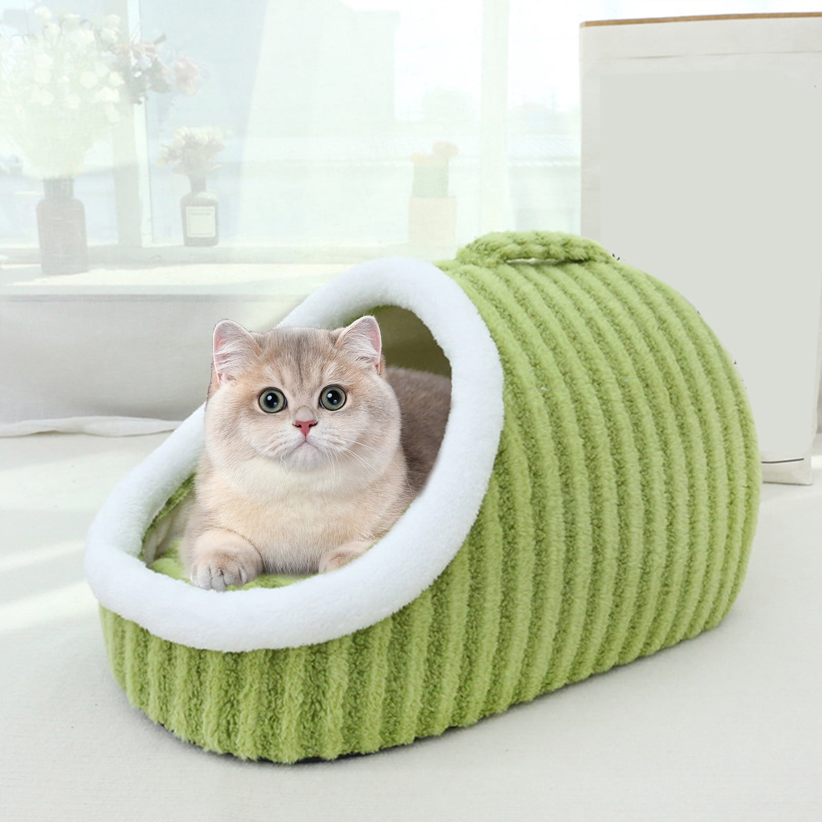 Fmbmuo Warm Covered Cat Dog Bed with Cushion Cave Medium Calming Cat Bed, Soft Cozy Orthopedic for Senior Dogs with Arthritis (Green)