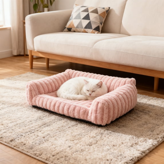 Fmbmuo Warm Cute Cat Bed Calming Medium Keep Warm Cat Bed, Rectangular Cozy Soft for Indoor Outdoor Pets (Pink)