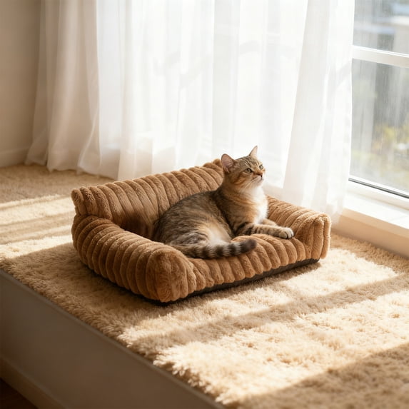 Fmbmuo Warm Cute Cat Bed Keep Warm Calming Medium Cat Bed, Cozy Soft Rectangular for Indoor Outdoor Pets (Brown)