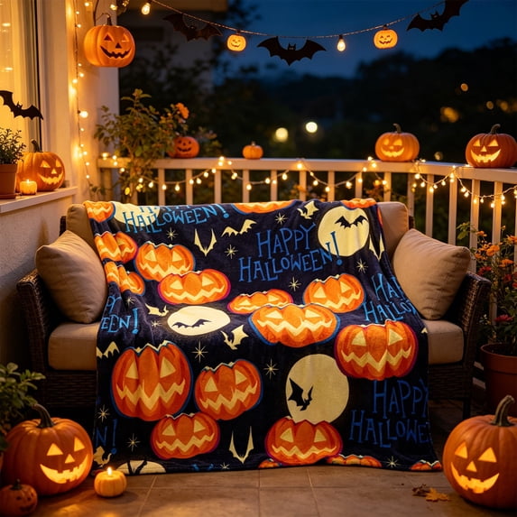 Fmbmuo Warm Halloween Spooky Pumpkin Bat Throw Blanket , Soft Cozy Lightweight Decorative , For Sofa Couch Bed Home Holiday Decoration