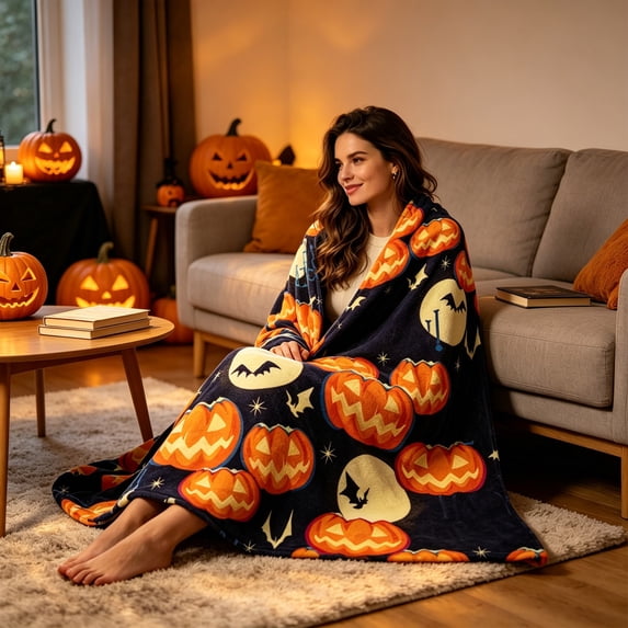 Fmbmuo Warm Halloween Spooky Pumpkin Bat Throw Blanket , Soft Cozy Lightweight Decorative , For Sofa Couch Bed Home Holiday Decoration
