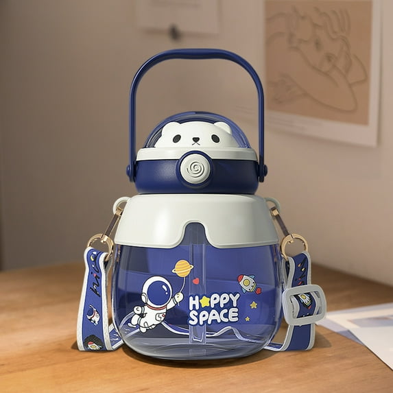 Fmbmuo Water Bottle Plastic Cartoon Bear Blue Travel 550ml with Straw