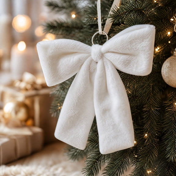 Fmbmuo White Christmas Bow Ornaments, 21x19 Inch Big Plush Faux Fur Bow Decorations, Furry Xmas Tree Topper for Wreath Door Window Fireplace
