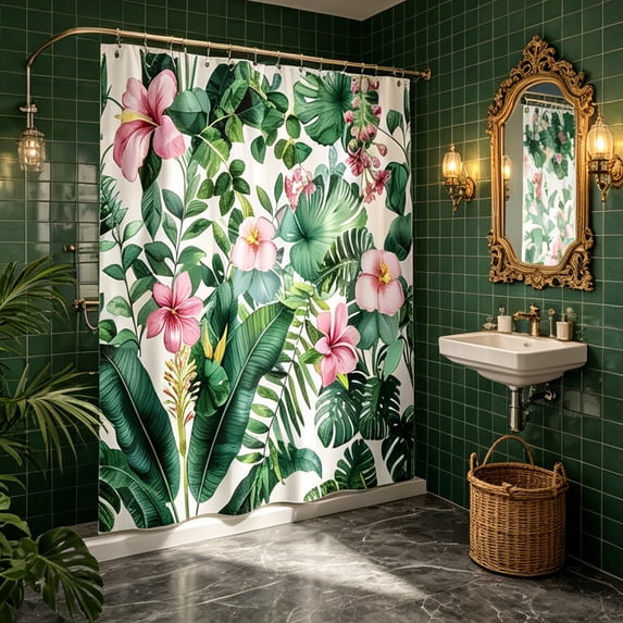 Fmbmuo Wildflower Shower Curtain 72x47 Inch Waterproof Quick-Dry Polyester Bathroom Curtain with 12 Hooks No-Drill Floral Decor,Green