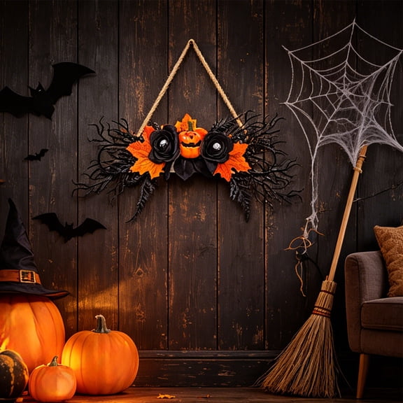 Fmbmuo Window Halloween Gothic Floral Metal Frame Hanging , Front Door Spooky Atmosphere Spooky Skull Pumpkin Party Artificial Flower Hanging Fringe Decors , 4 Styles for Indoor Outdoor