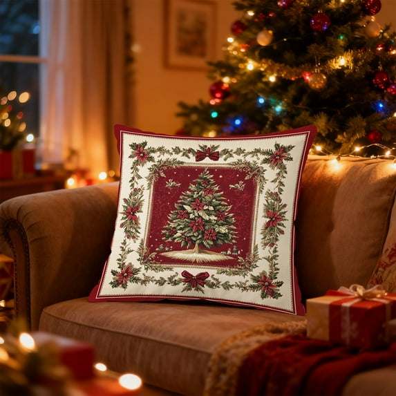 Fmbmuo Xmas Tree Print Vintage Christmas Pillow Covers Red 18x18 Inch Soft Decorations, Nylon,Spandex Removable Cover Farmhouse 1 Pcs Pillow cases, for Christmas Holiday Decor