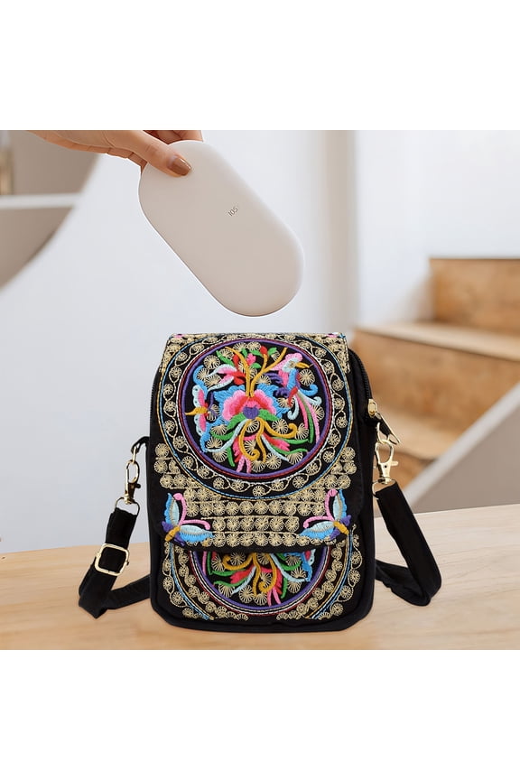 Yunnan Ethnic Embroidered Crossbody Bag - Ethnic Patterned Mini Flap Cell Phone/Coin Purse (5.5 “x7.1”) - Festive & Everyday (Purple/Red/Blue/Yellow)