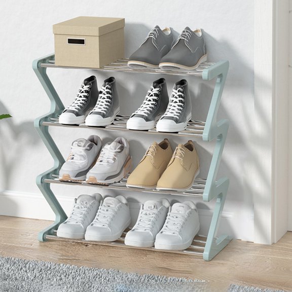 Fmbmuo Z Type Shoe Rack Shoe Storage 4 Layer Stainless Steel + Plastic for Dorm Entryway, 20.07x17.71x7.48 in,Blue