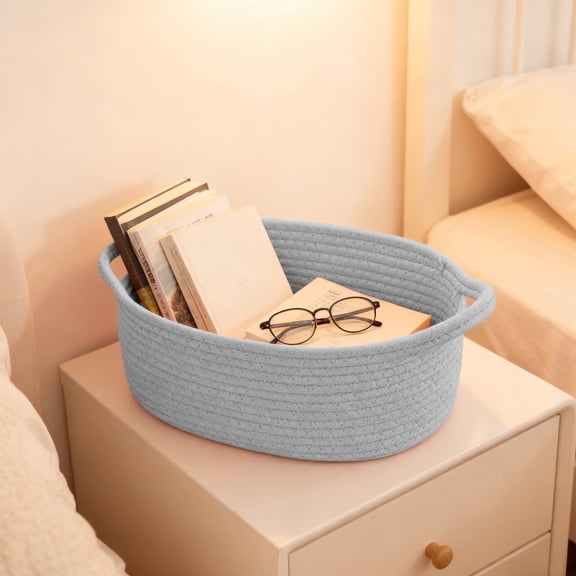 Fmbmuo with Dual Handles Woven Basket Cotton Decorative for Storage, Bohemian Oval Gray 11.8 x 7.9 in Decorative Storage Baskets for Living Room
