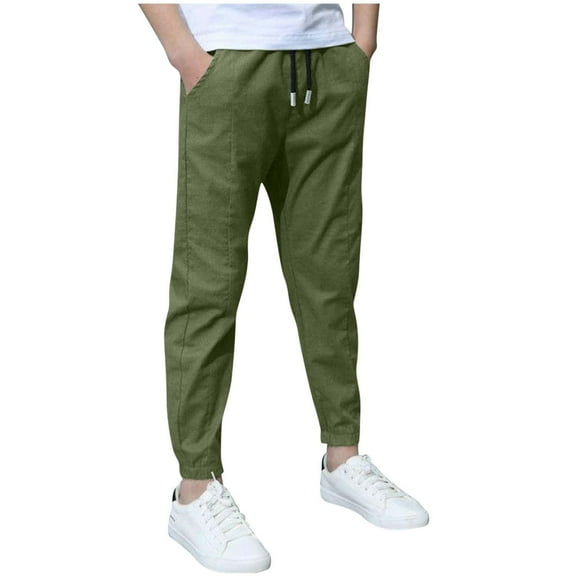 Fmbrln Boys Linen Pants Drawstring Elastic Waist Joggers Pants Casual Loose Solid Color Trousers for Kids 4-10Y