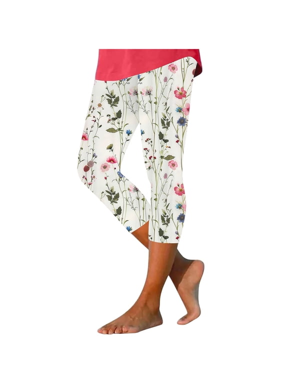 Capri Pants for Women Slim Fit Yoga Capris Summer Fashion Floral Print Capri Leggings