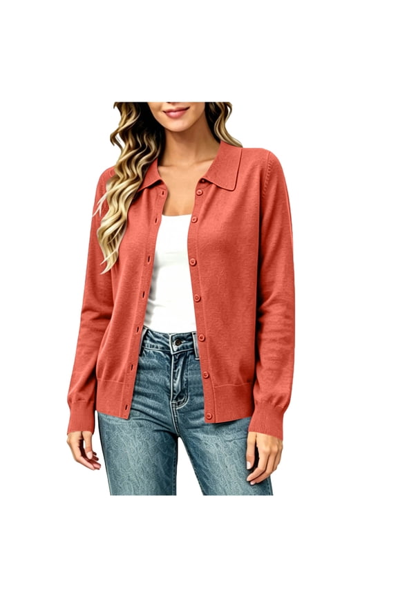 Cardigan Sweaters for Women Fall Casual Jacket Long Sleeve Button Collared Knitted Tops