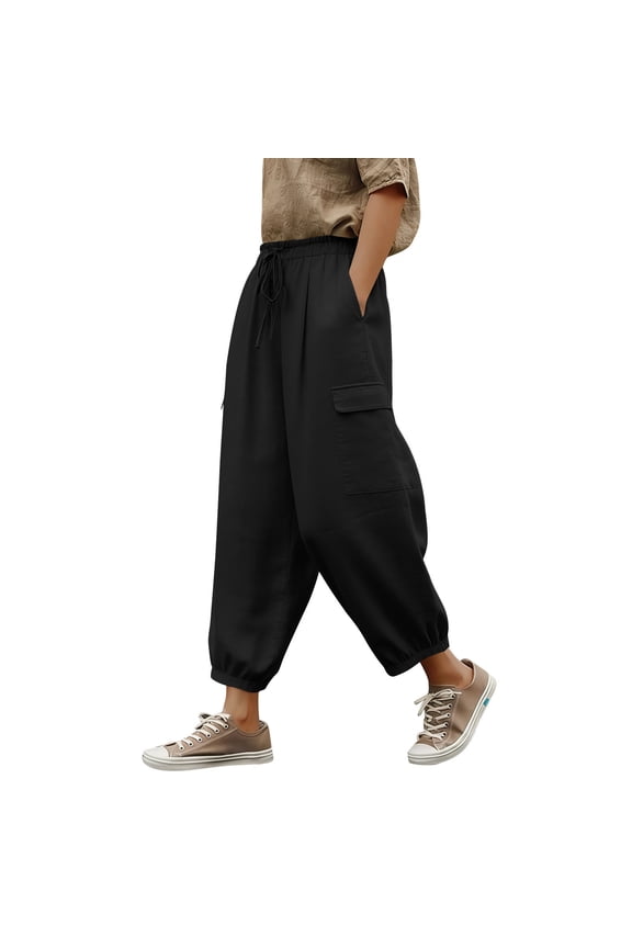 Cargo Pants for Women Drawstring Elastic Waist Multipockets Work Pants Casual Loose Fit Lightweight Ankle Cropped Pants